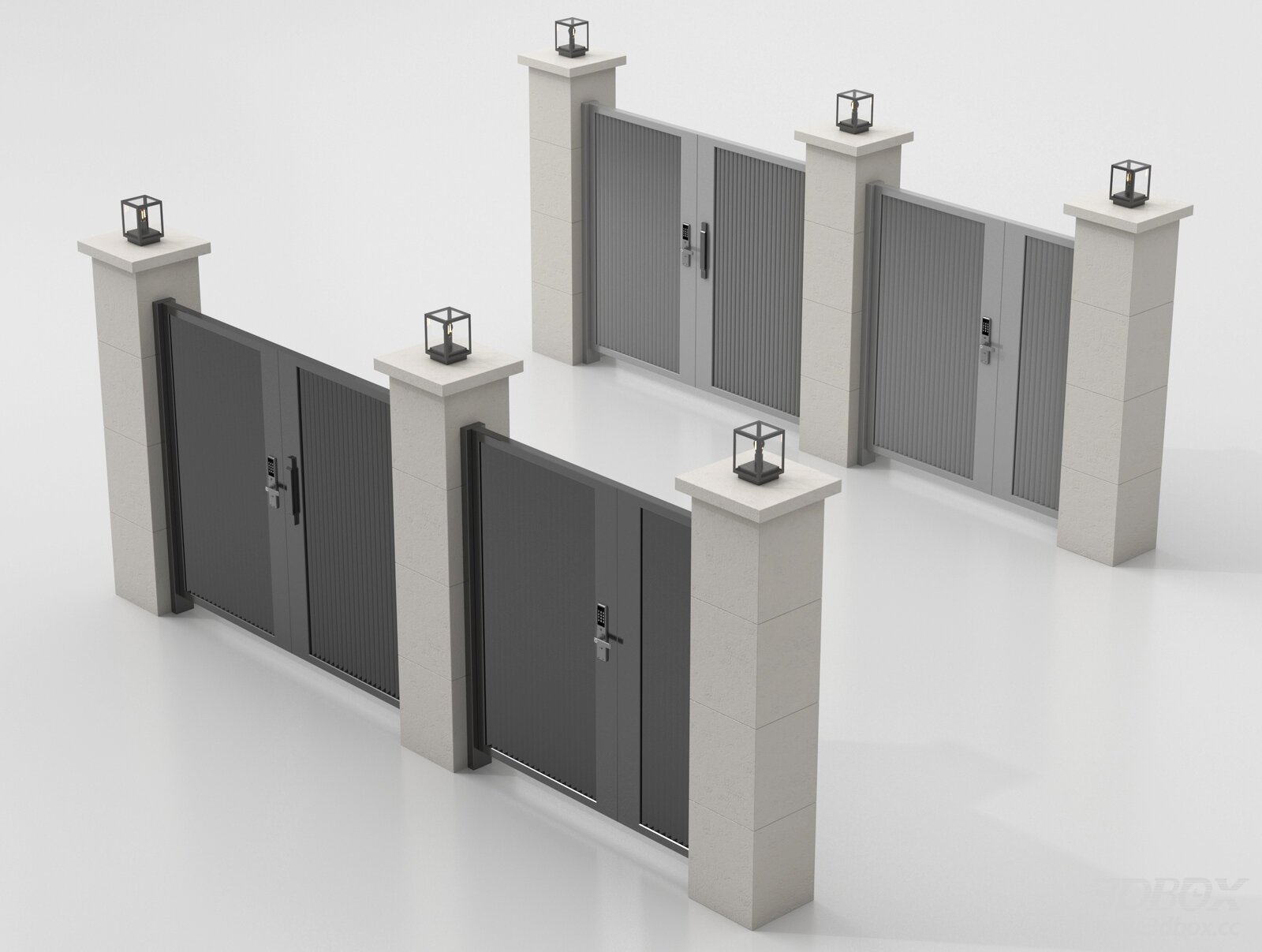 Modern Villa Courtyard Gate Set with Stone Pillars and Outdoor Lamps 3D model - front view