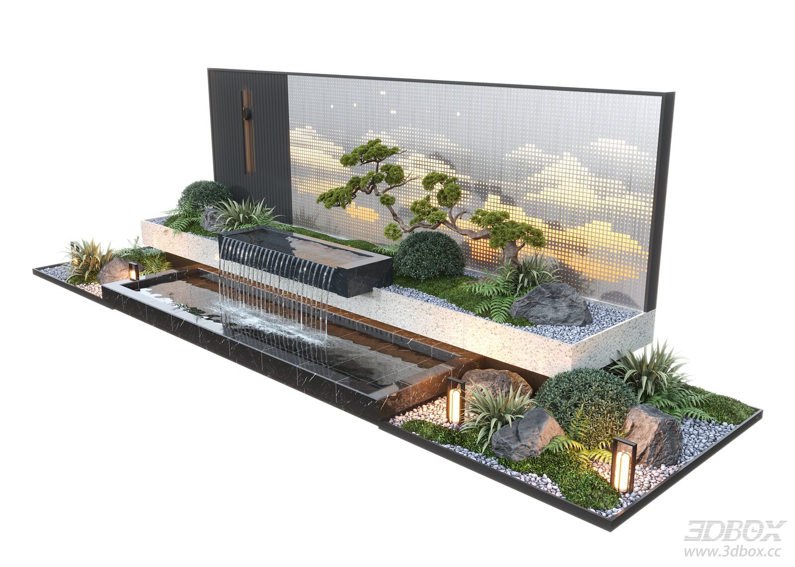 Modern Courtyard Water Feature Wall with Waterfall and Landscape 3D model - front view