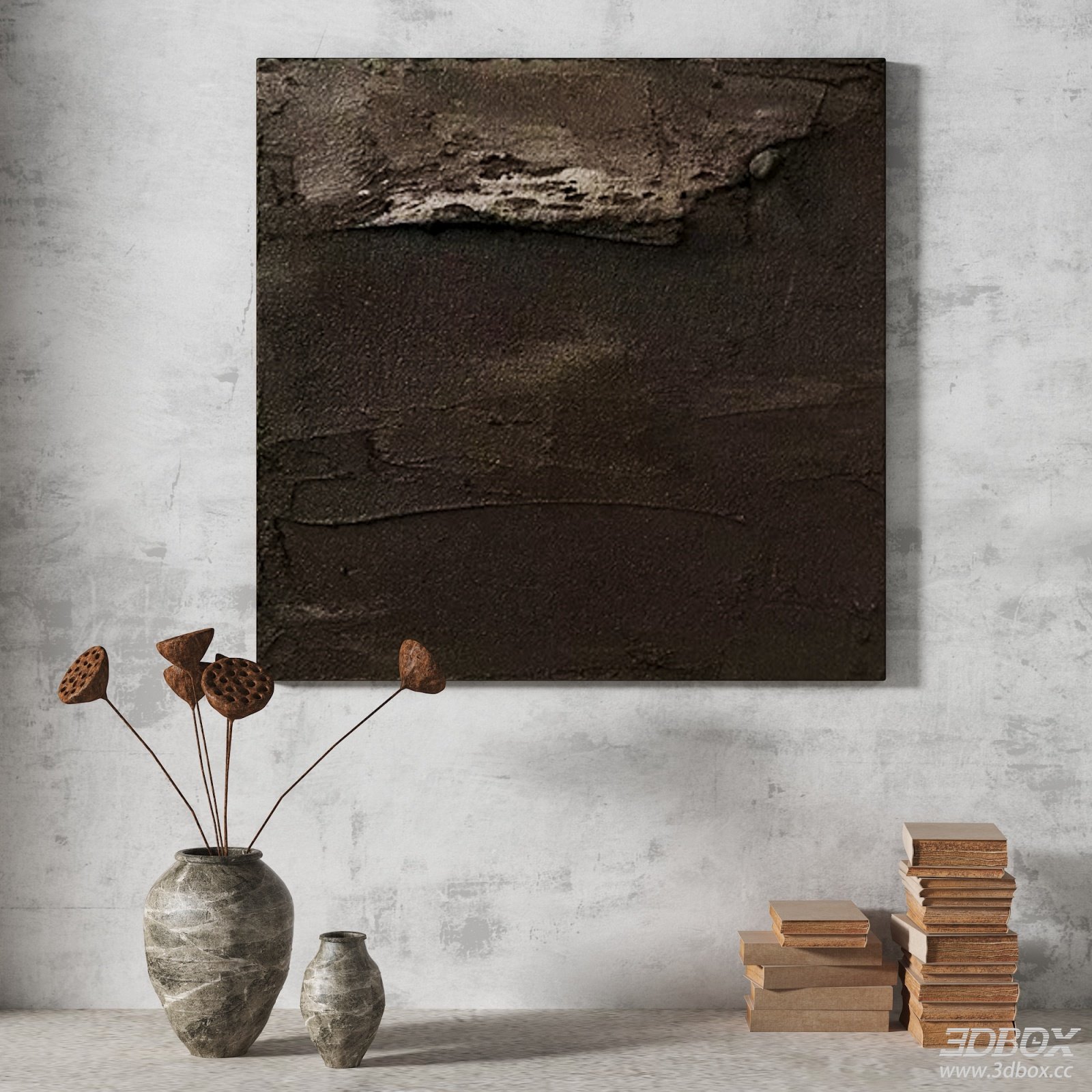 Wabi Sabi Abstract Textured Wall Painting Decor Set 3D model - front view