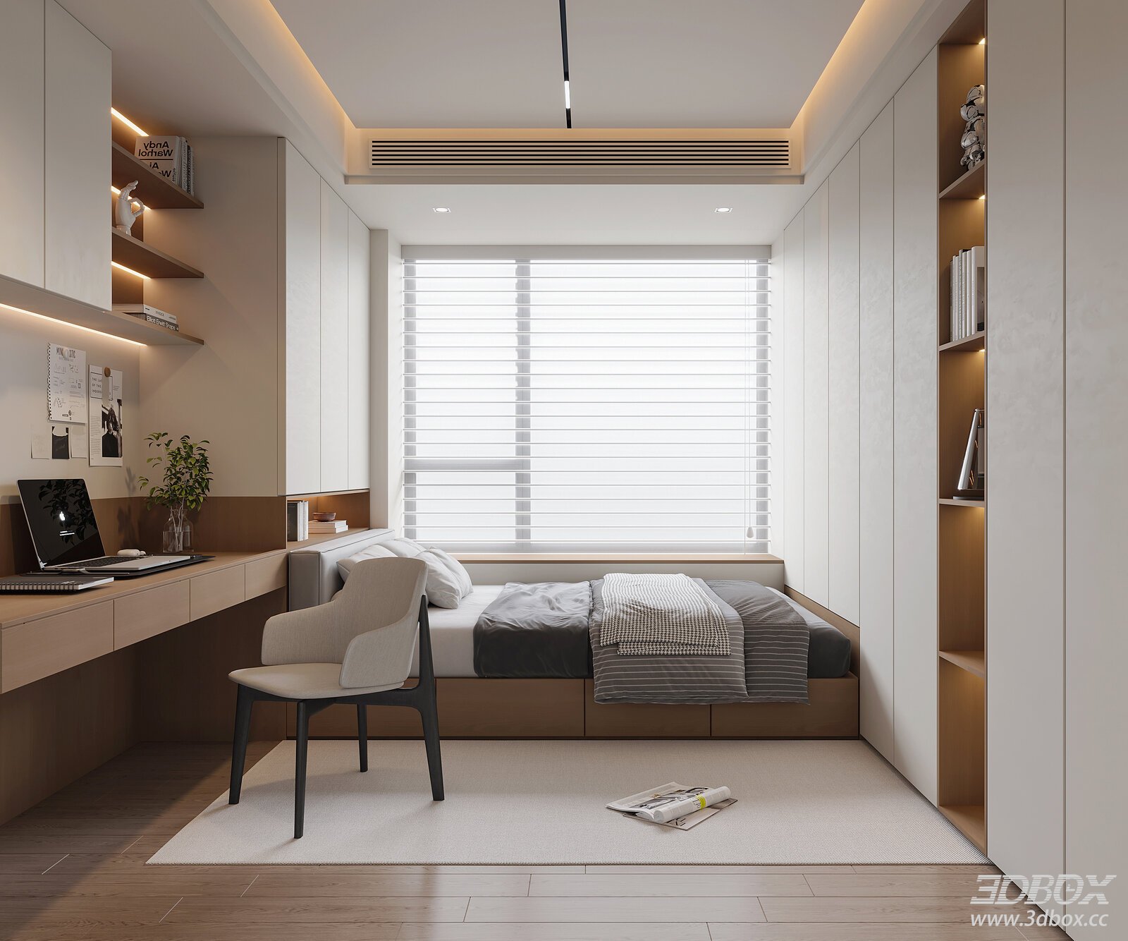 Modern Minimalist Tatami Bedroom with Study Desk and Wardrobe 3D model - front view