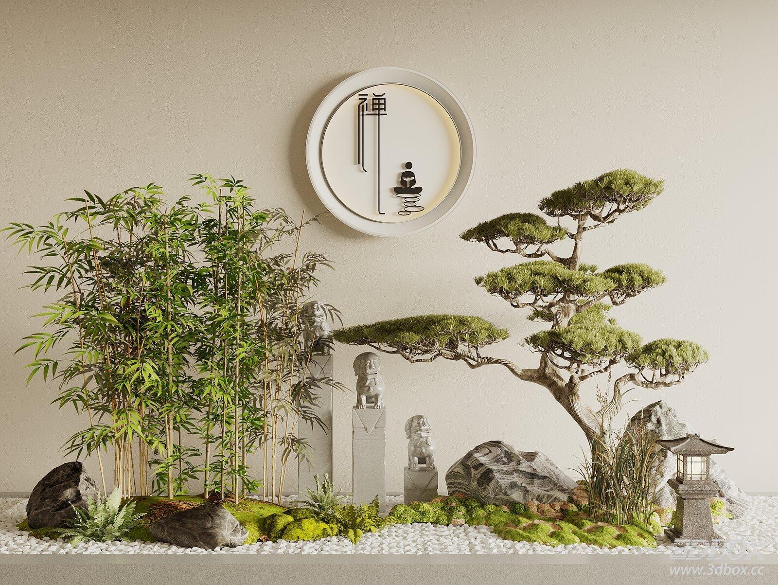 New Chinese Style Zen Indoor Landscape Plant Decor Set 3D model - front view