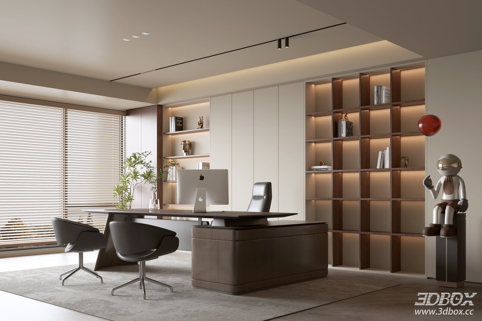 Mid-century Modern Office Room with Wooden Desk and Bookshelf 3D model - front view