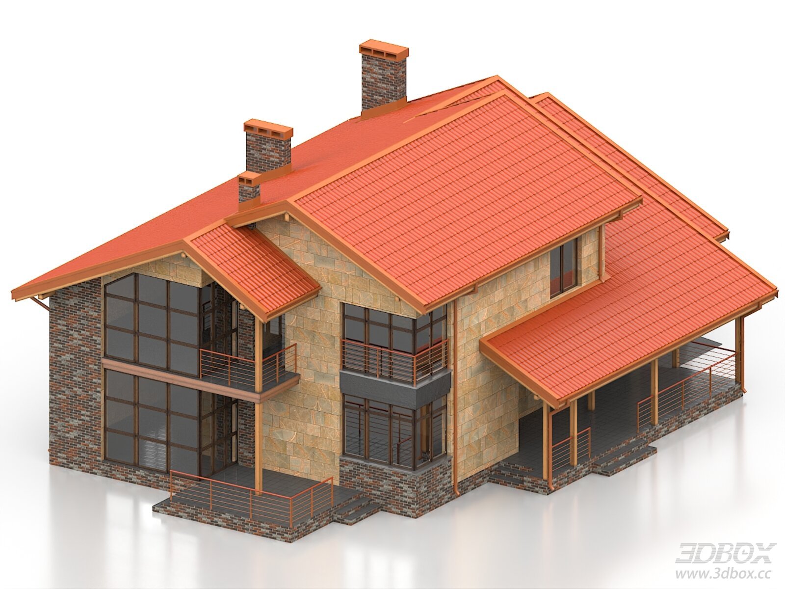 Two-story Modern Villa Exterior with Tiled Roof 3D model - front view