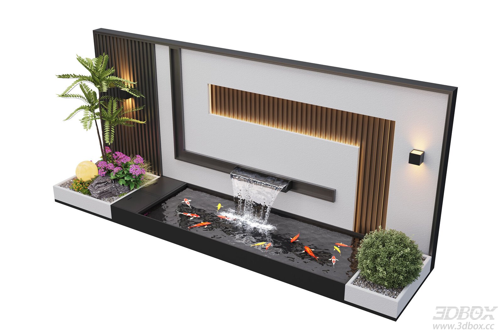 Modern Courtyard Water Feature Wall Koi Pond Landscape 3D model - front view