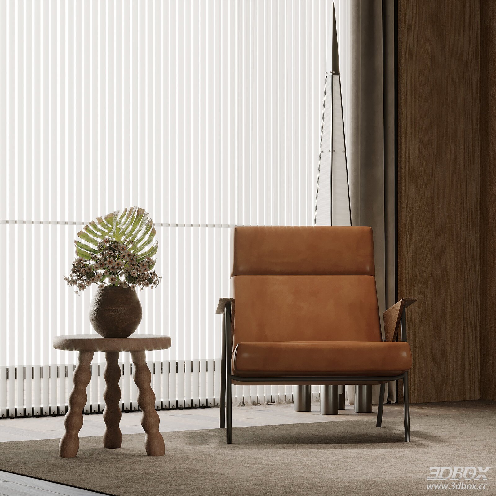 Mid-century Leather Armchair with Wooden Side Table 3D model - front view
