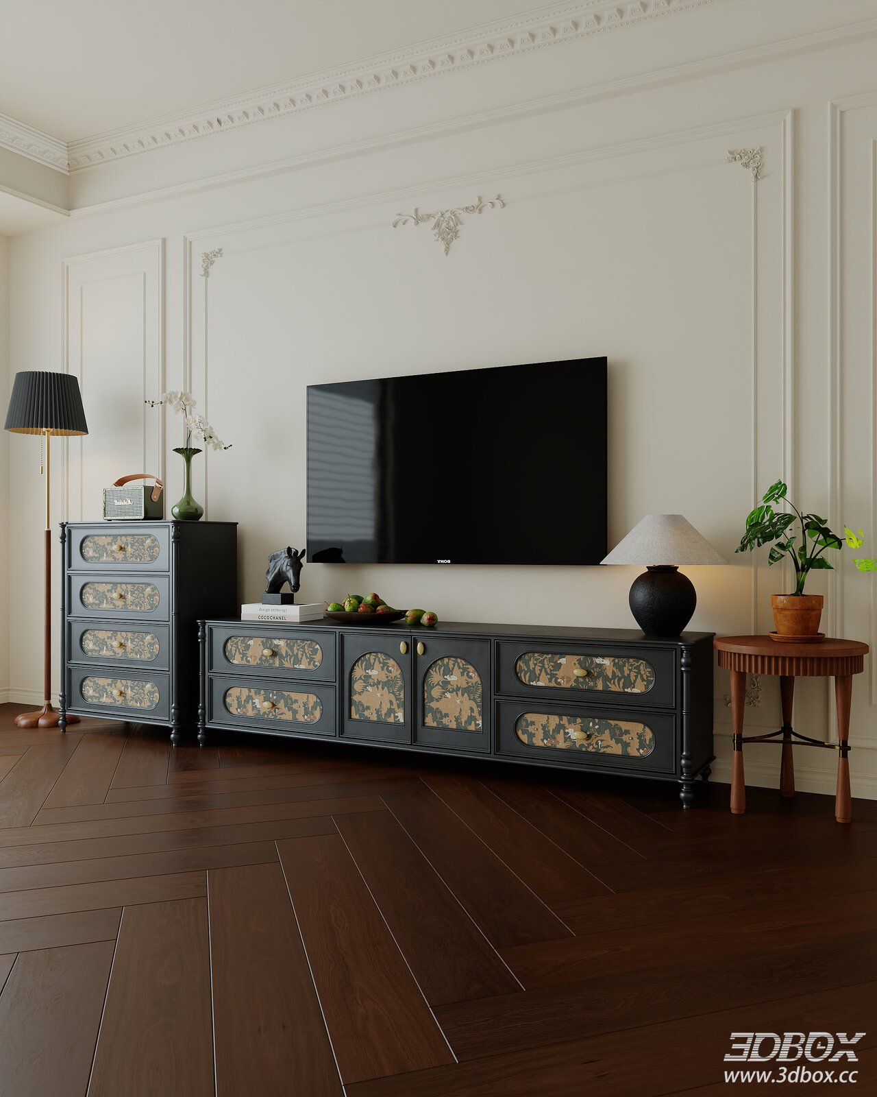 French Vintage Mid-century TV Cabinet Set 3D model - front view