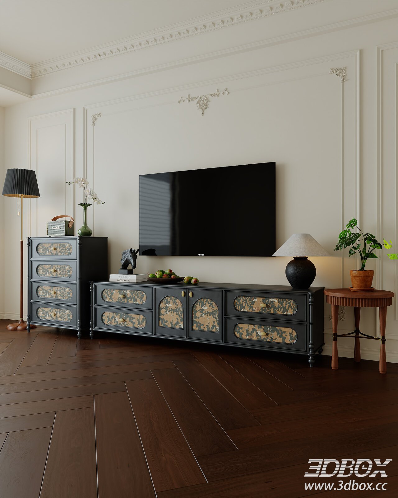 French Vintage Mid-century TV Cabinet Set 3D model - thumbnail 1