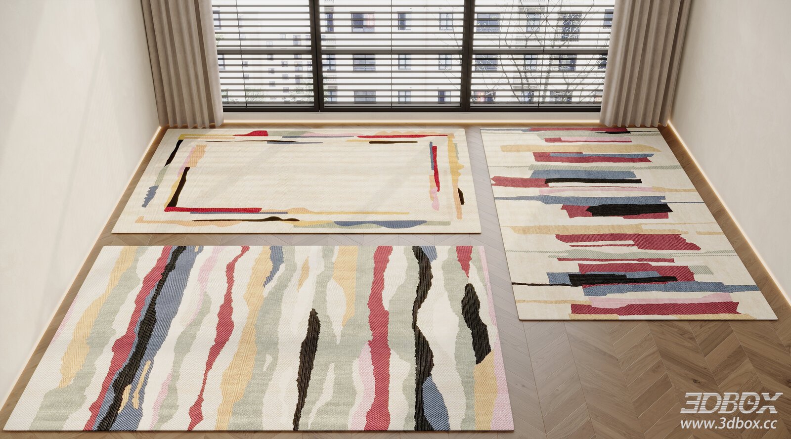 Modern Cream Style Abstract Geometric Carpet Set 3D model - front view
