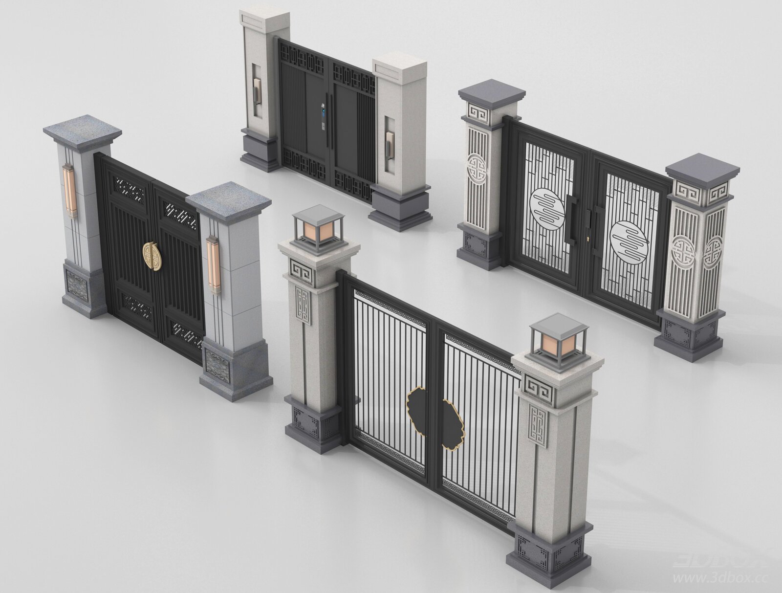 New Chinese Style Villa Courtyard Gate Set 3D model - front view