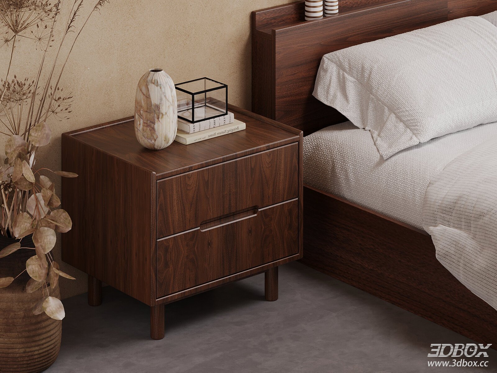 Mid Century Walnut Wood Bedside Nightstand with Drawers 3D model - front view