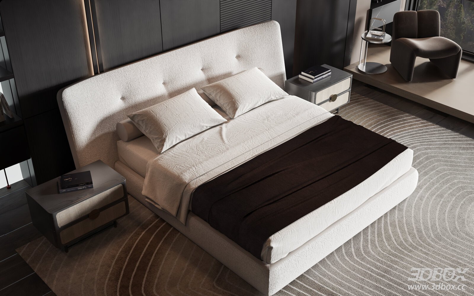 Modern Luxury Minimalist Bedroom with Fabric Double Bed 3D model - front view