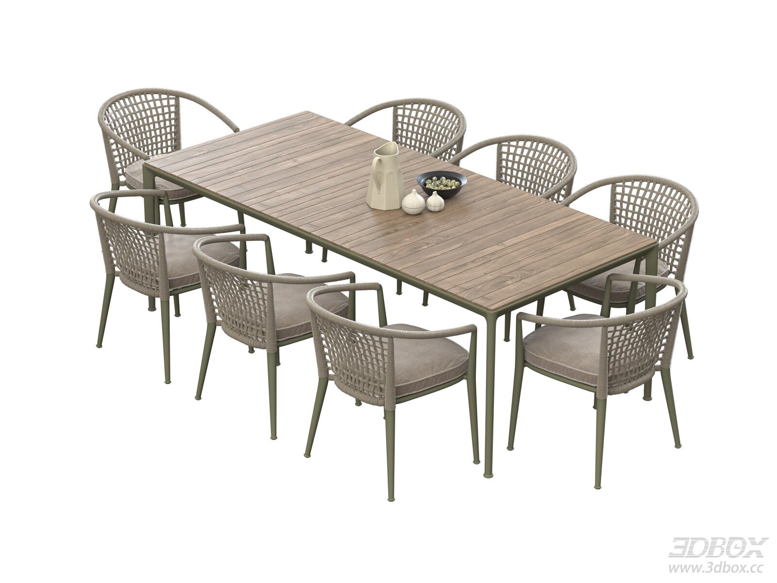 Modern Outdoor Rattan Dining Table and Chairs Set 3D model - front view