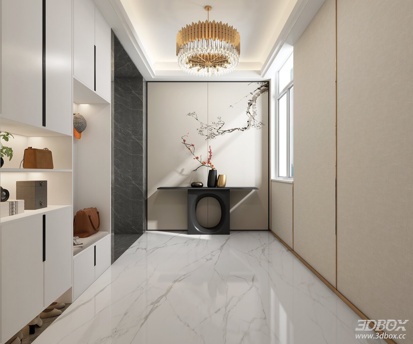 Modern Luxury Entry Hallway with Console Table and Shoe Cabinet 3D model - front view