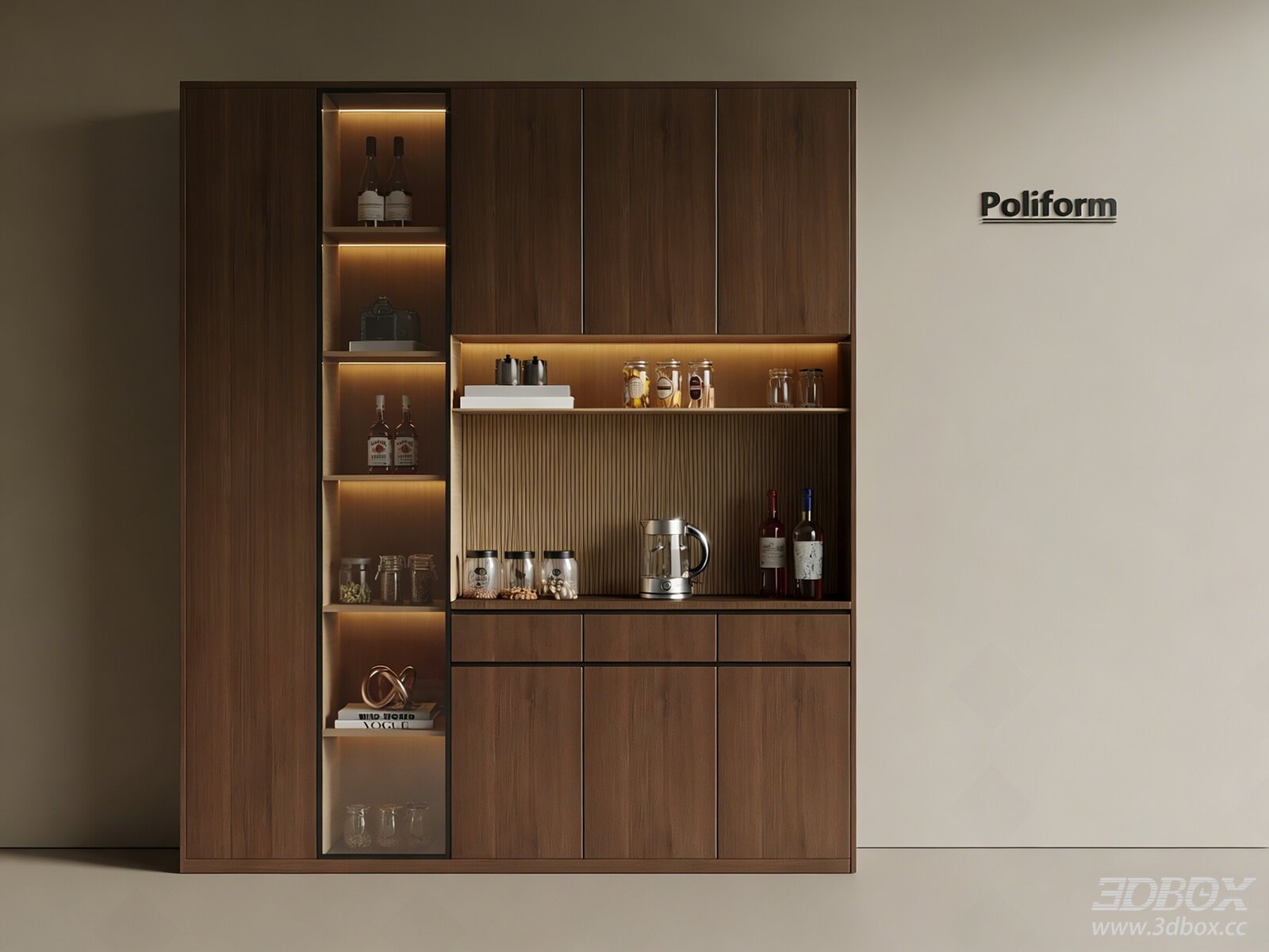 Modern Chinese Mid-century Walnut Wine Cabinet 3D model - front view