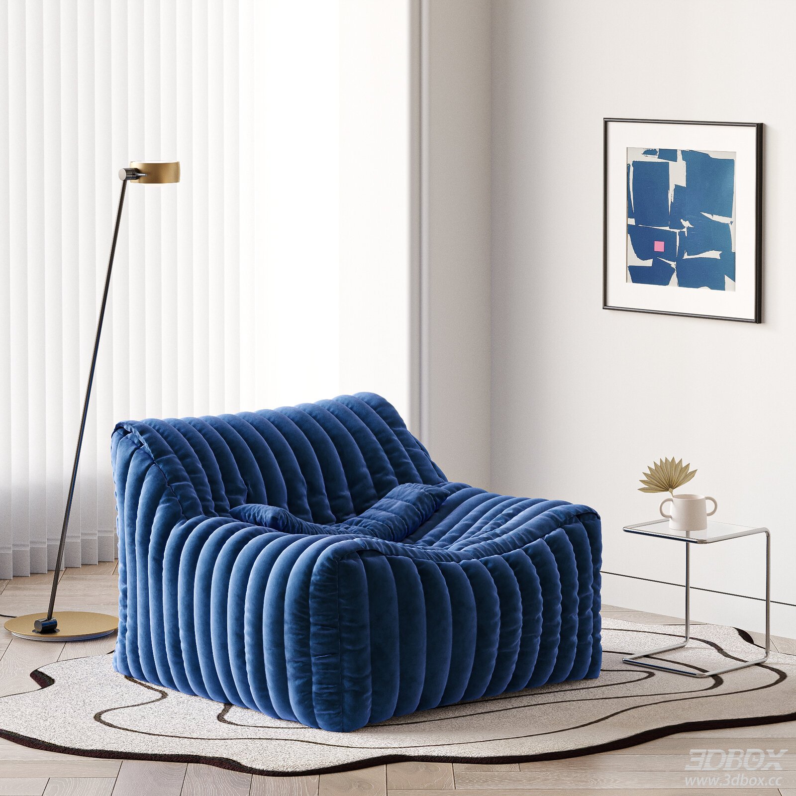 Modern Klein Blue Velvet Single Lazy Sofa Set 3D model - front view