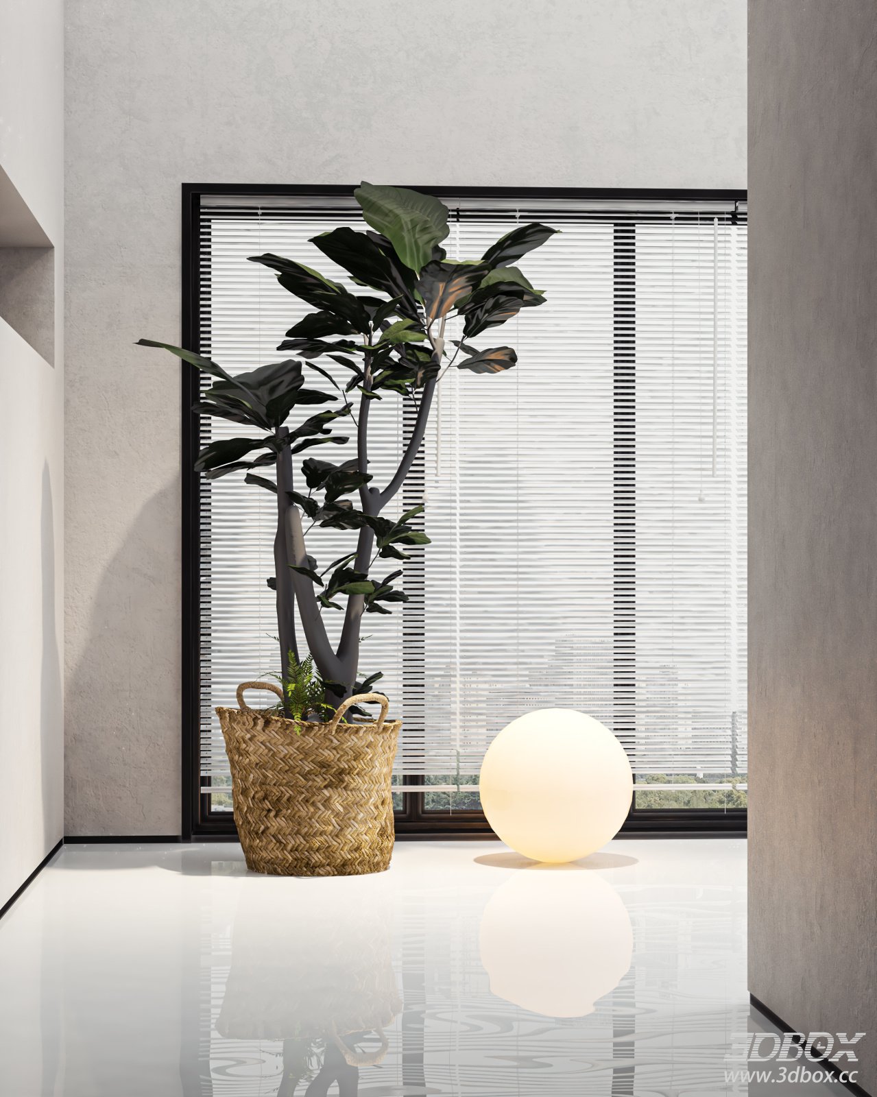 Modern Indoor Potted Foliage Plant with Woven Basket 3D model - front view