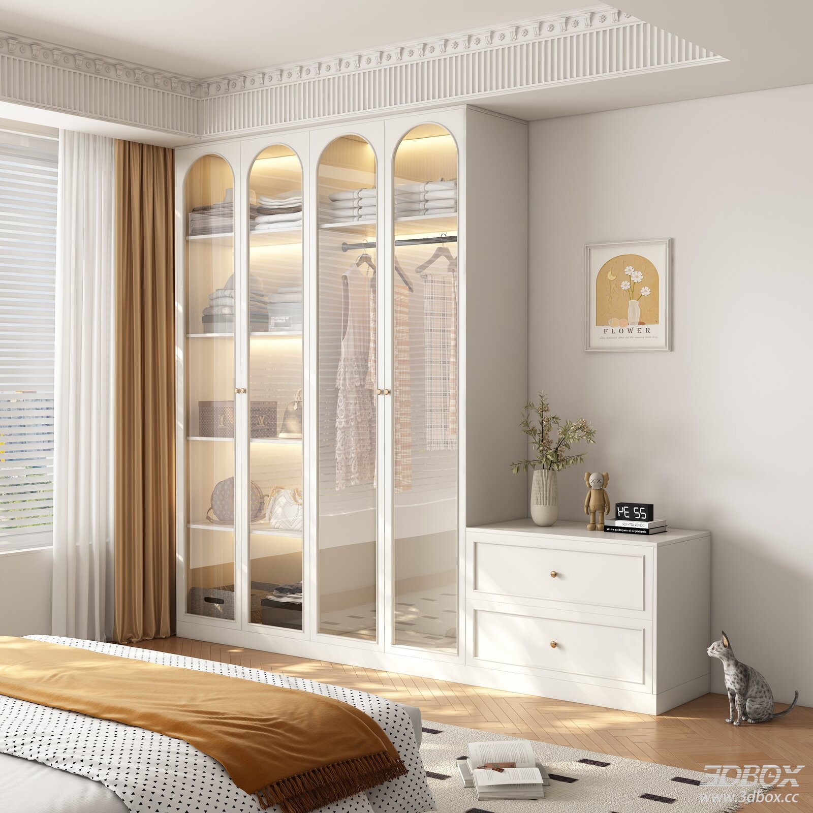 French Cream Style Glass Door Wardrobe for Bedroom 3D model - front view