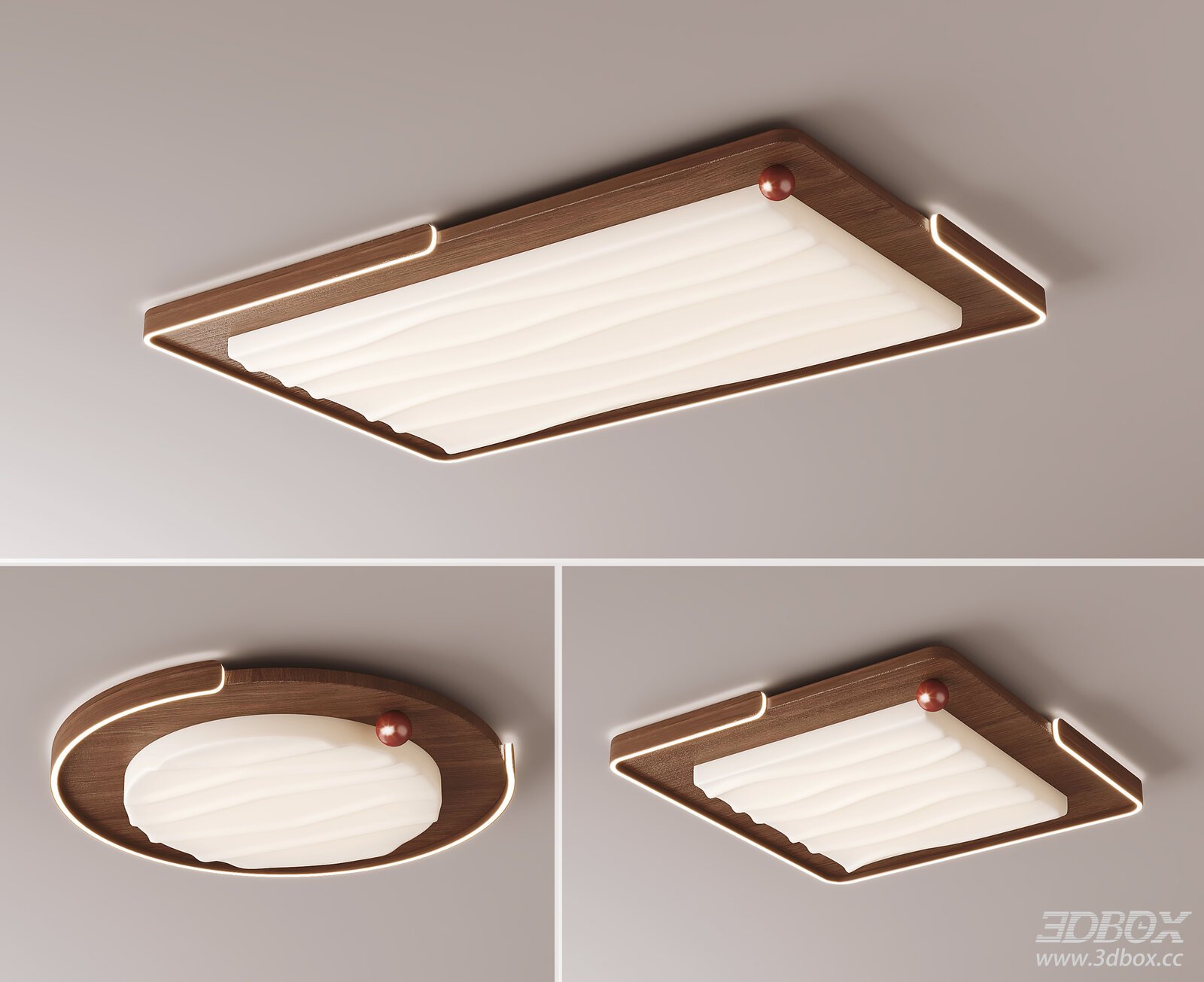 Mid-century Modern Wooden LED Ceiling Lamp Set 3D model - front view
