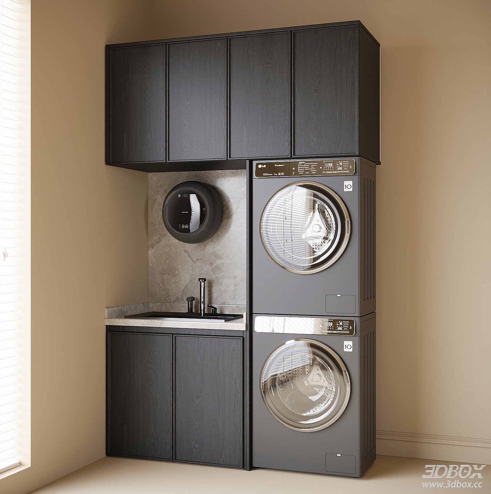 Modern Laundry Cabinet with Washer and Dryer Set 3D model - front view