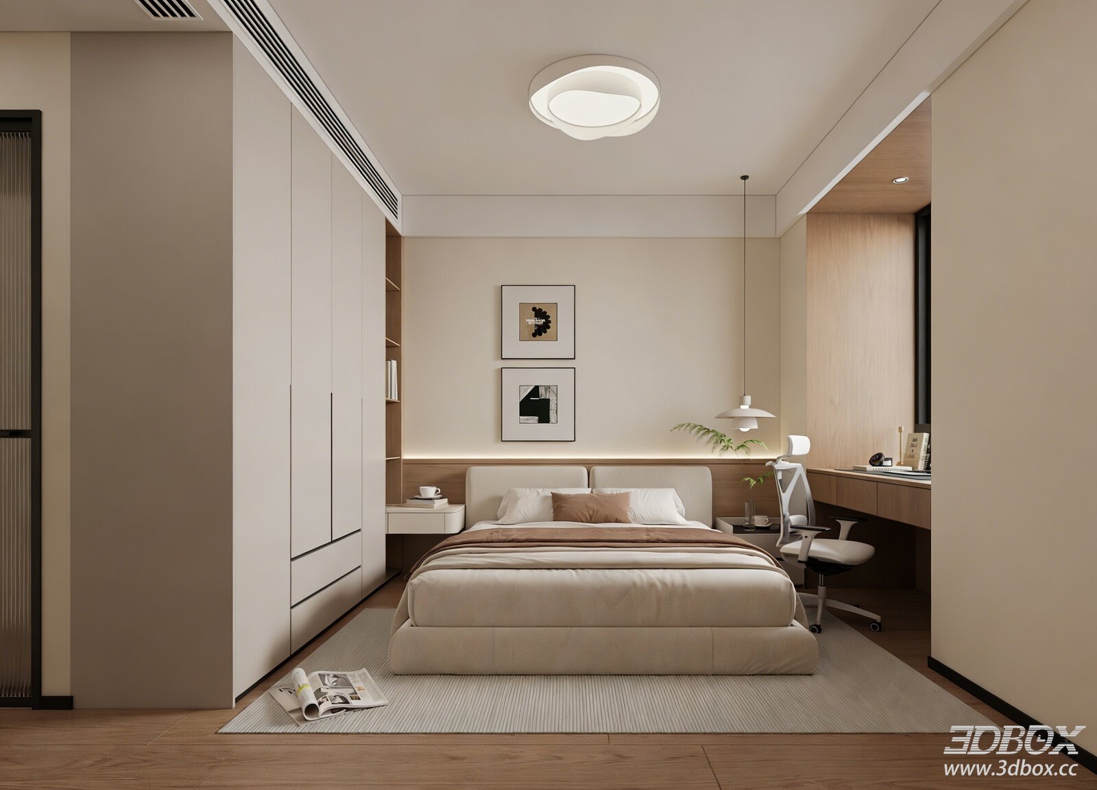 Modern Minimalist Wooden Bedroom with Work Desk 3D model - front view