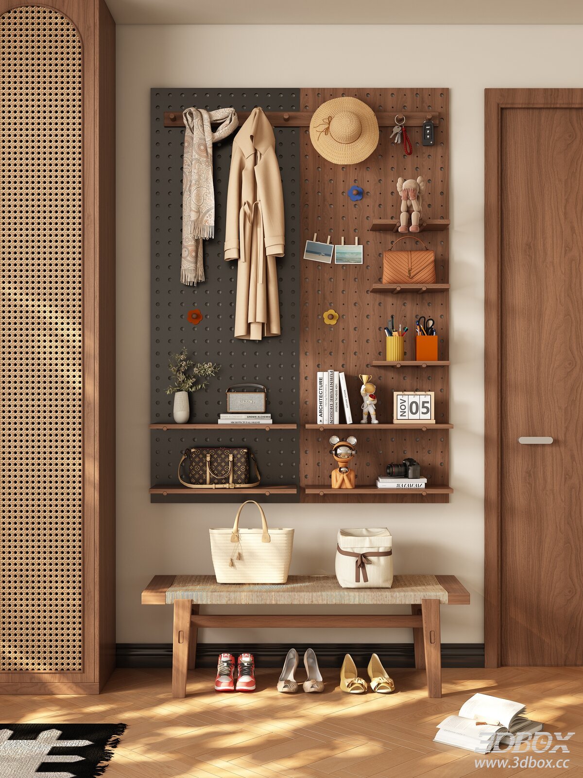 Mid-century Entryway Pegboard with Shoe Bench and Decor 3D model - front view