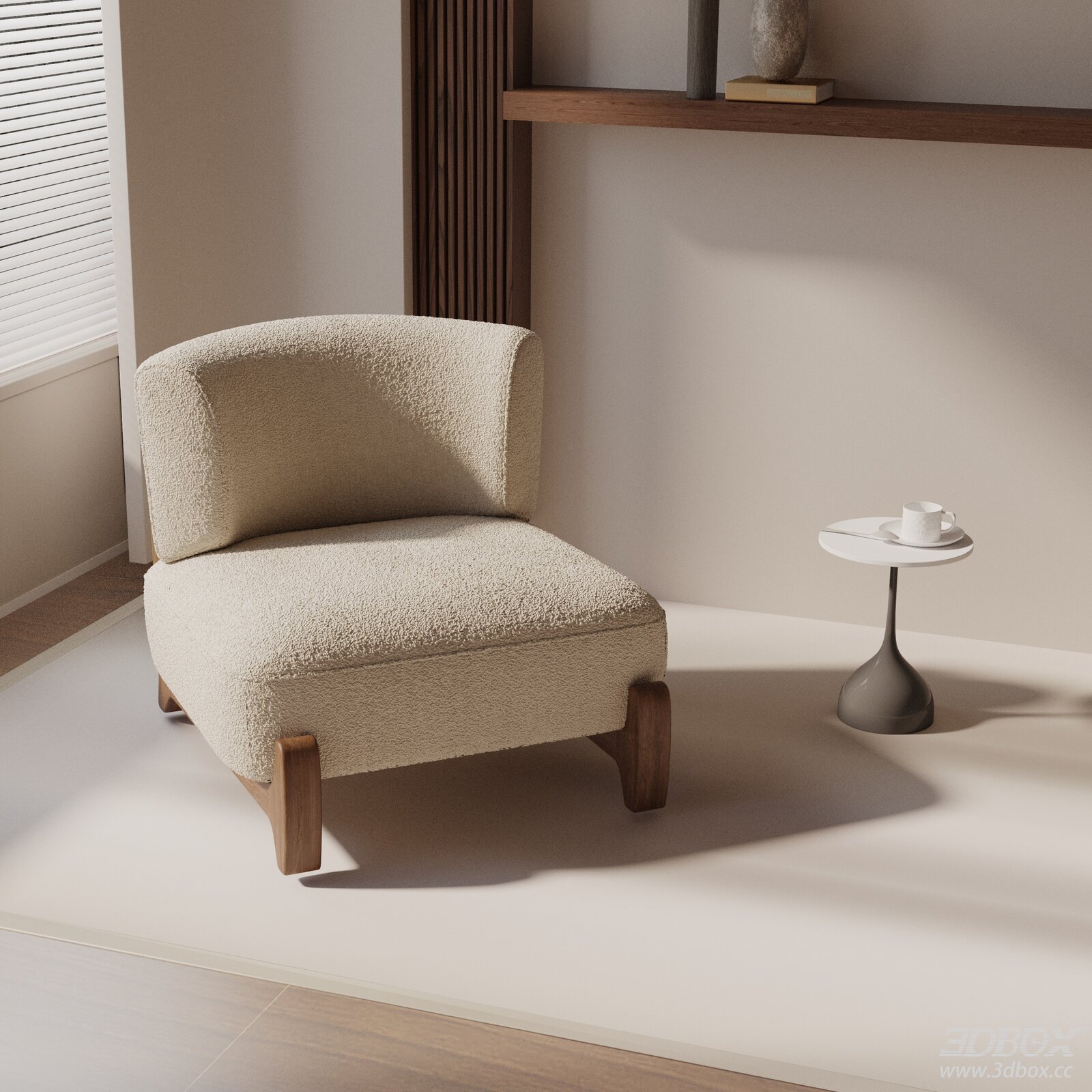 Modern Minimalist Boucle Fabric Armchair with Wooden Legs 3D model - front view