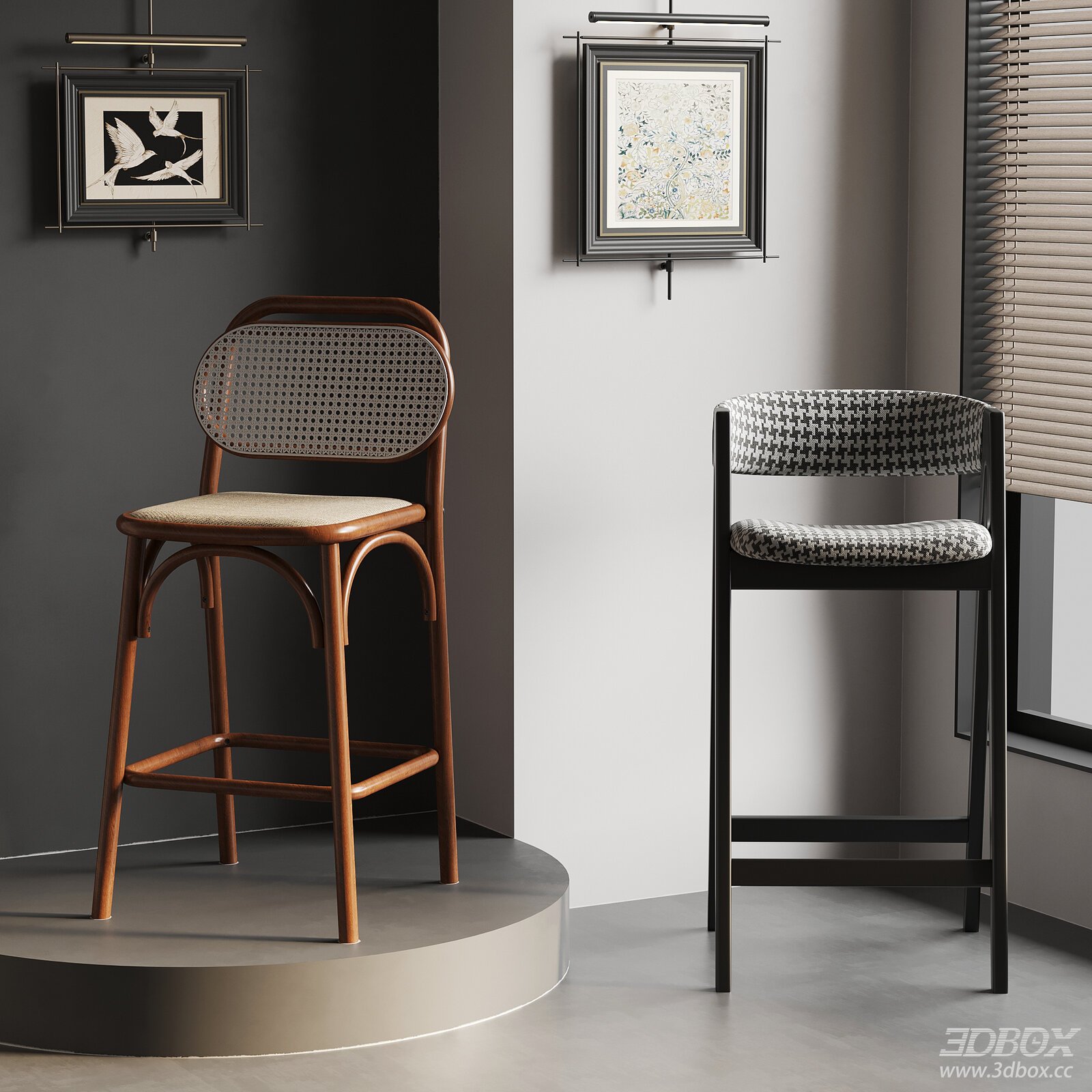 French Mid-century Bar Stool Set 3D model - front view