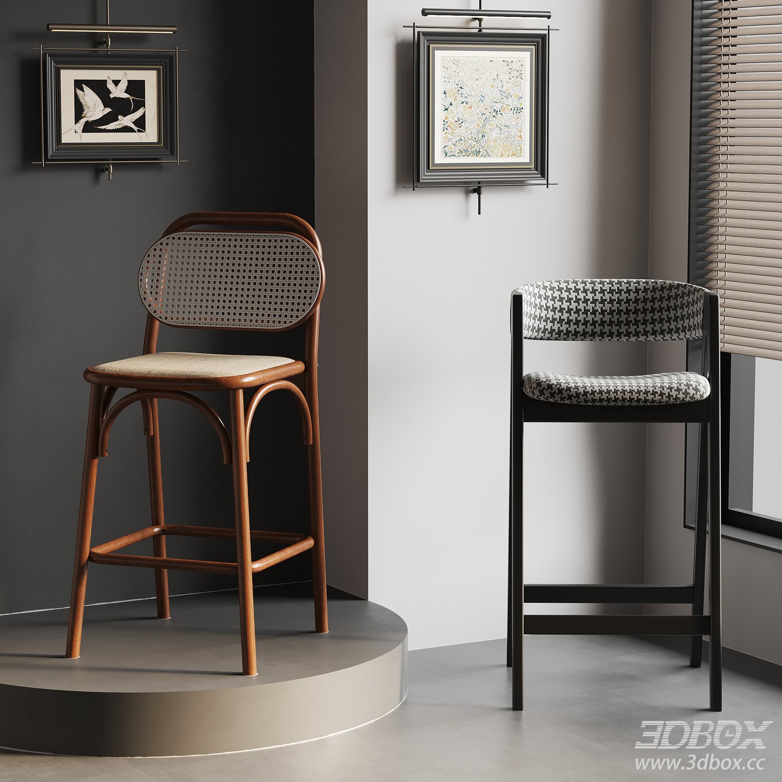 French Mid-century Bar Stool Set 3D model - thumbnail 1