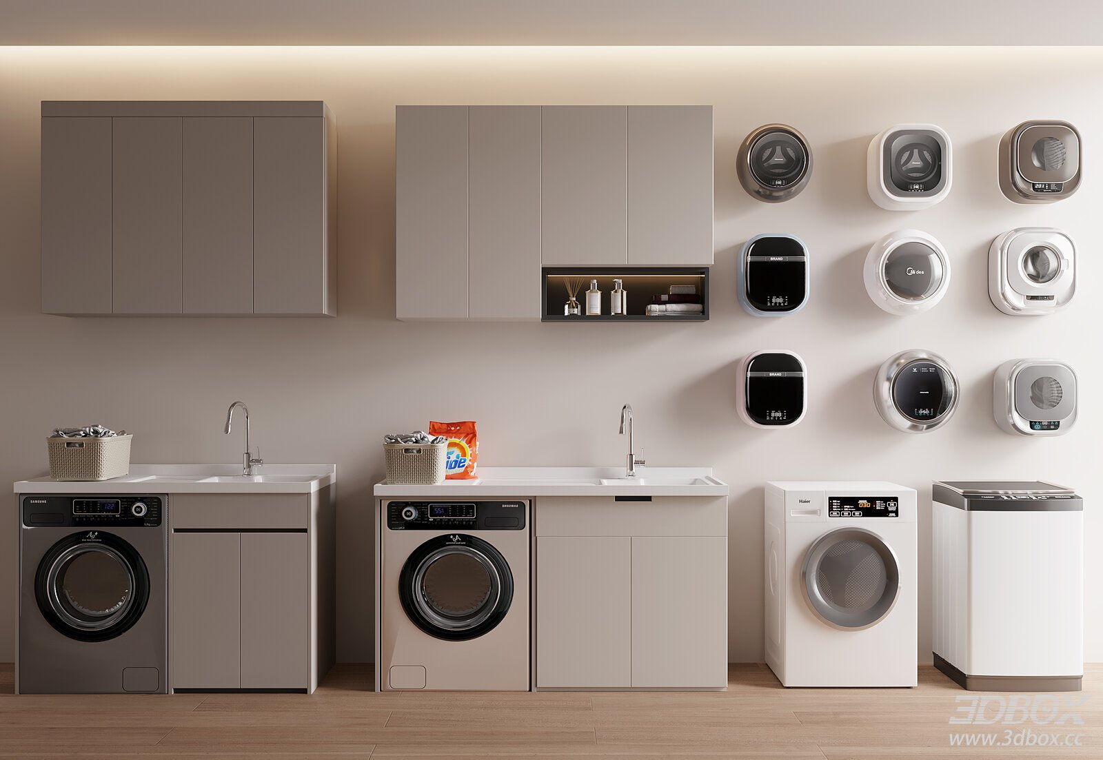 Modern Washing Machine and Laundry Cabinet Set 3D model - front view