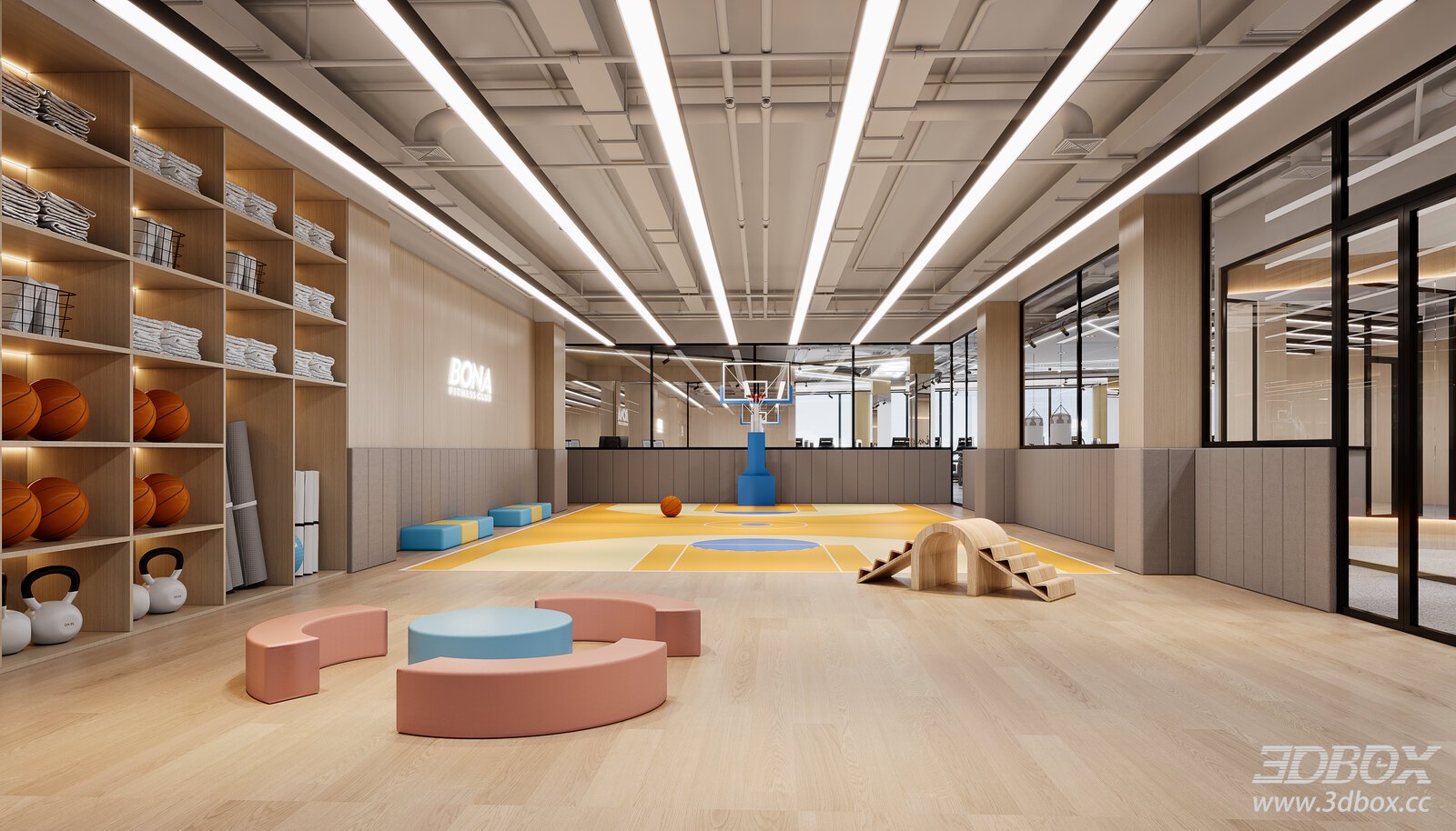 Modern Kids Fitness Gym Interior with Basketball Court 3D model - front view