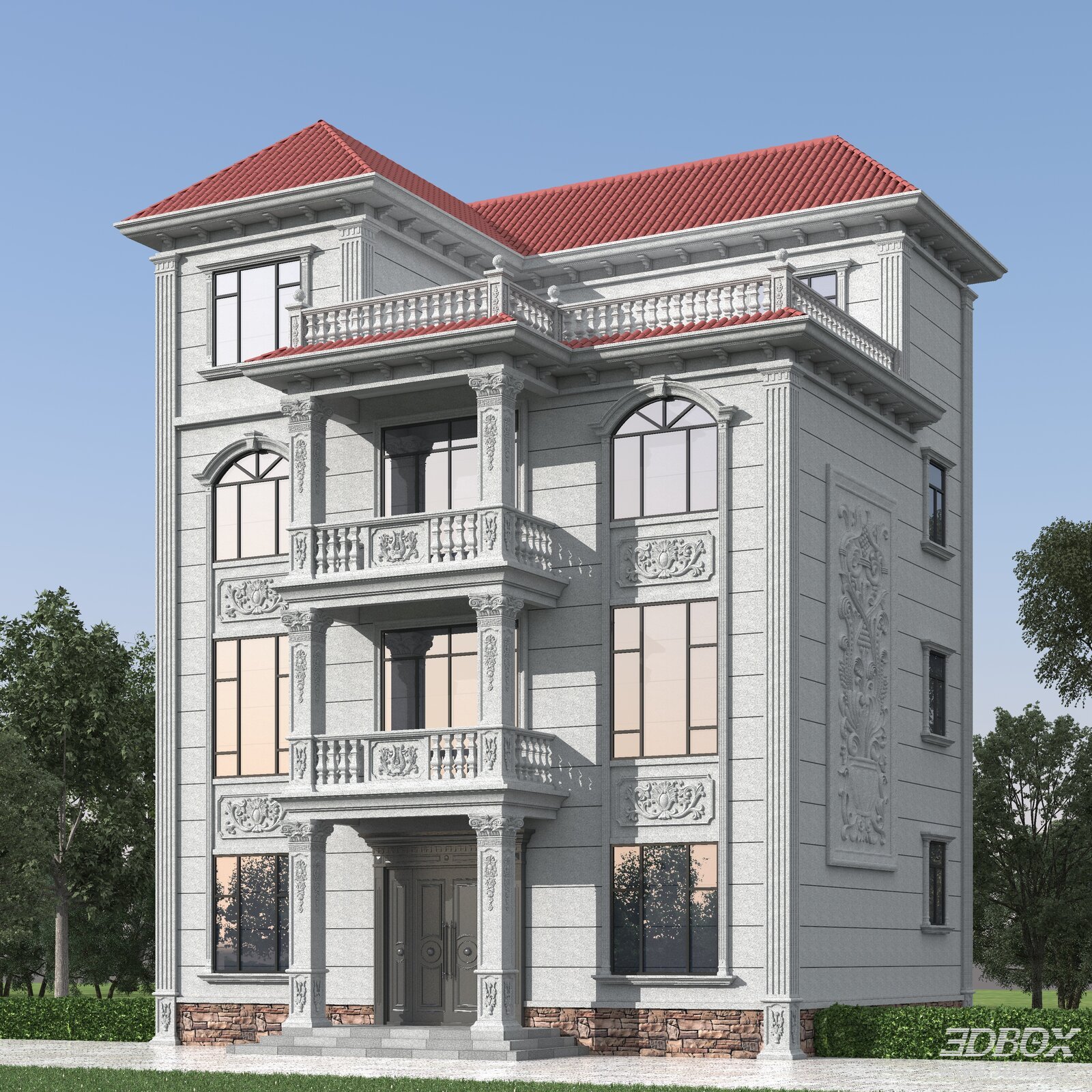 European Style Luxury 4-storey Villa Exterior Building 3D model - front view