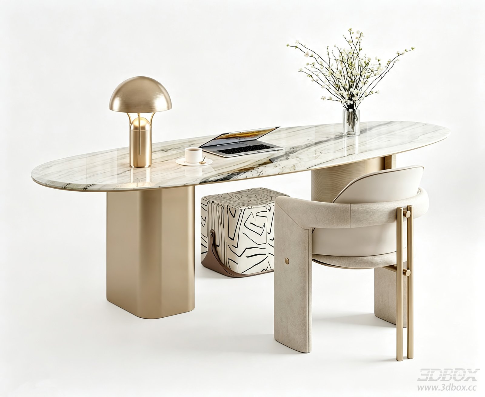 Modern Luxury Marble Desk and Upholstered Chair Set 3D model - front view