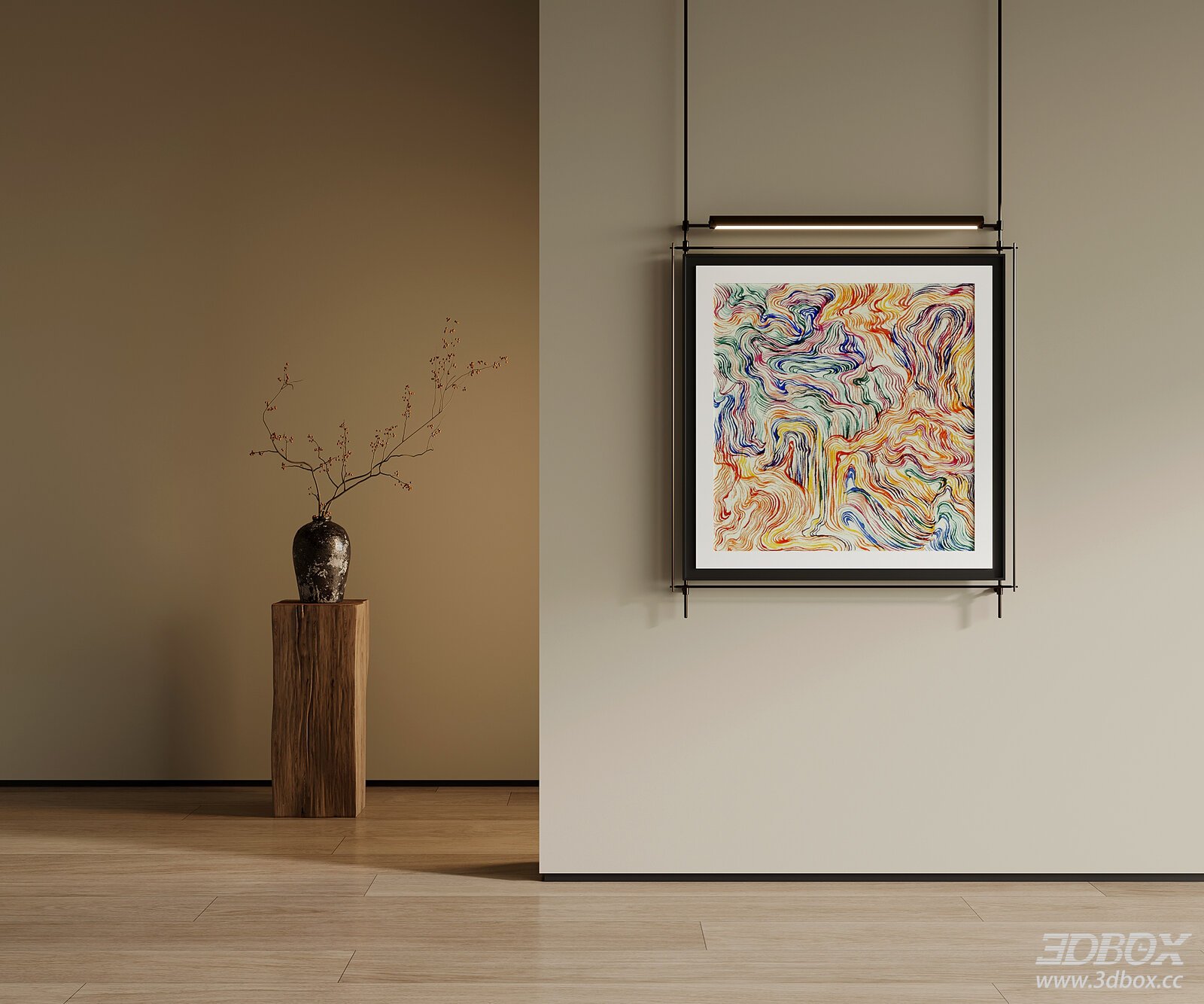 Mid-century Decorative Painting with Dried Bonsai Set 3D model - front view