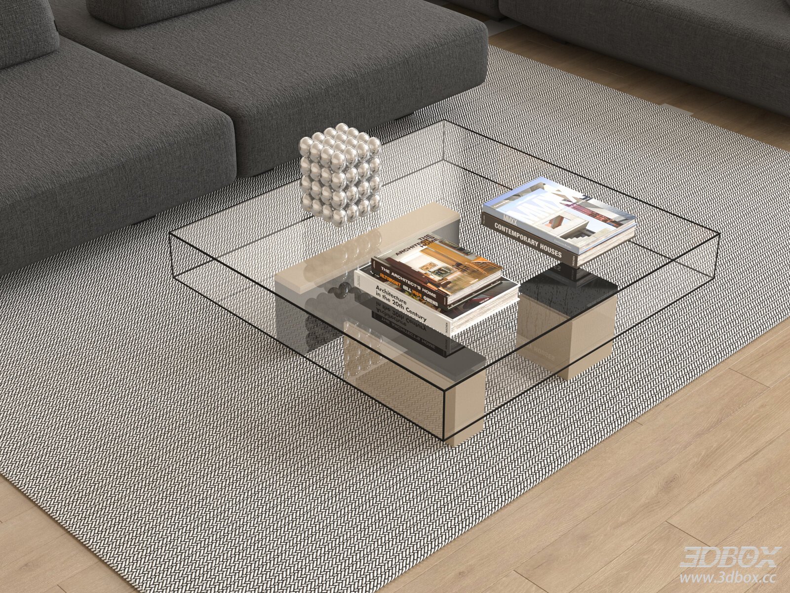 Modern Square Glass Coffee Table with Wooden Base 3D model - front view