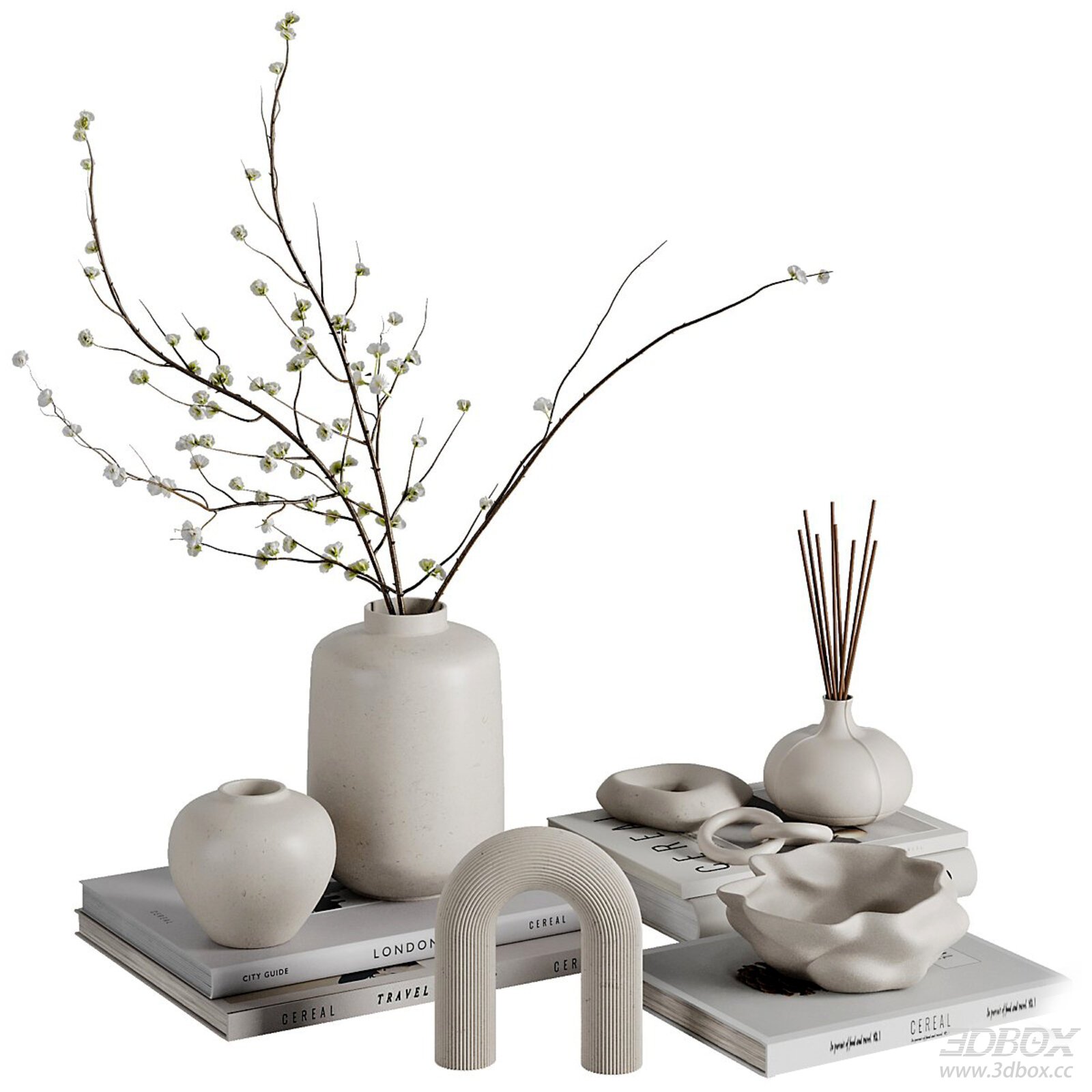 Modern Minimalist Ceramic Decorative Set with Vases and Books 3D model - front view