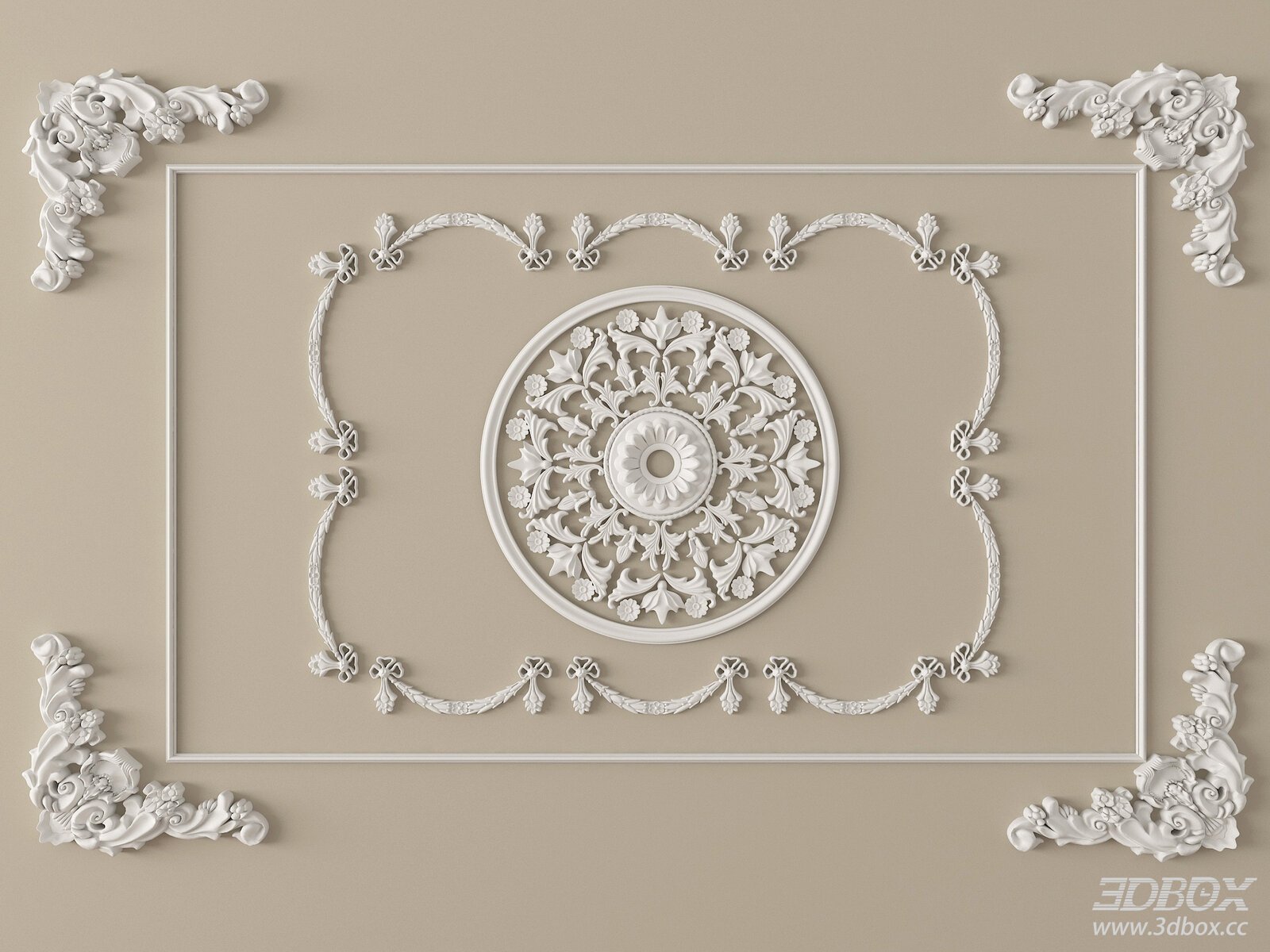 French Style Carved Decorative Plaster Ceiling Rosette Set 3D model - front view
