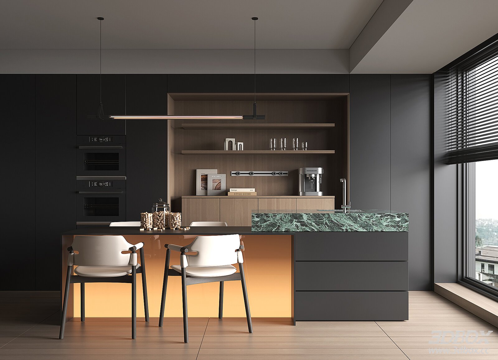 Modern Kitchen Island Dining Room Scene 3D model - front view