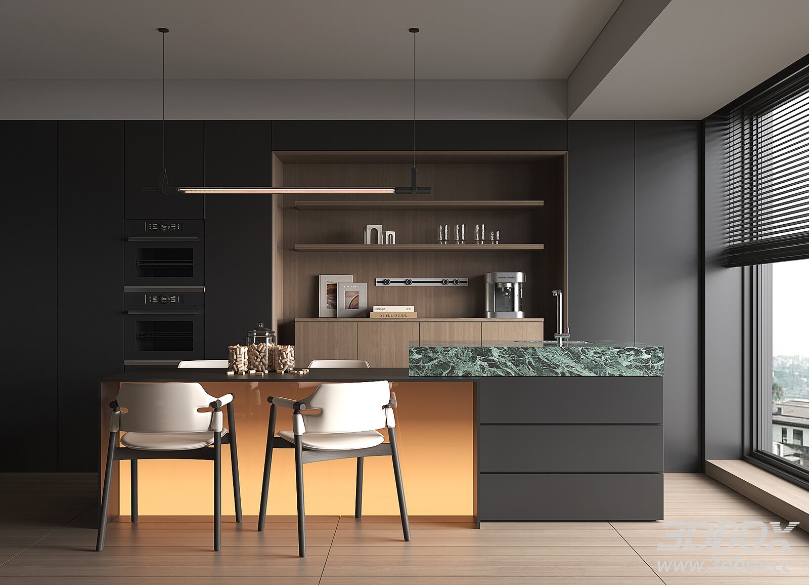 Modern Kitchen Island Dining Room Scene 3D model - thumbnail 1