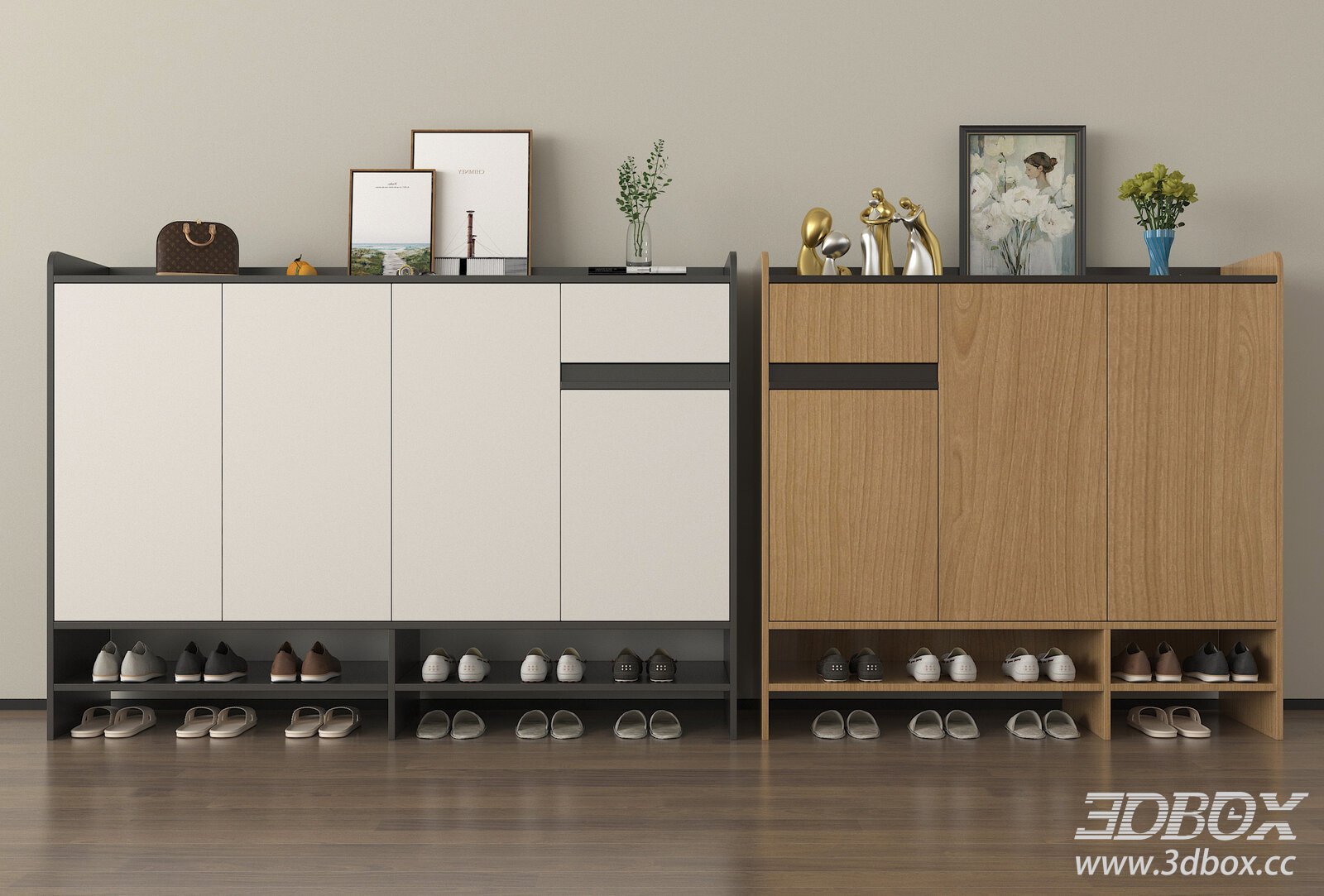 Modern Minimalist Hallway Shoe Cabinet Set 3D model - thumbnail 1