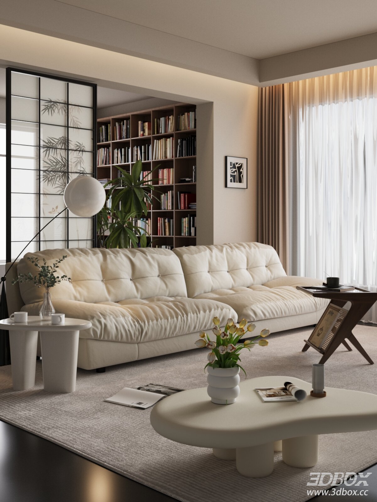 Vintage Style Small Apartment Living Room Interior Scene 3D model - front view