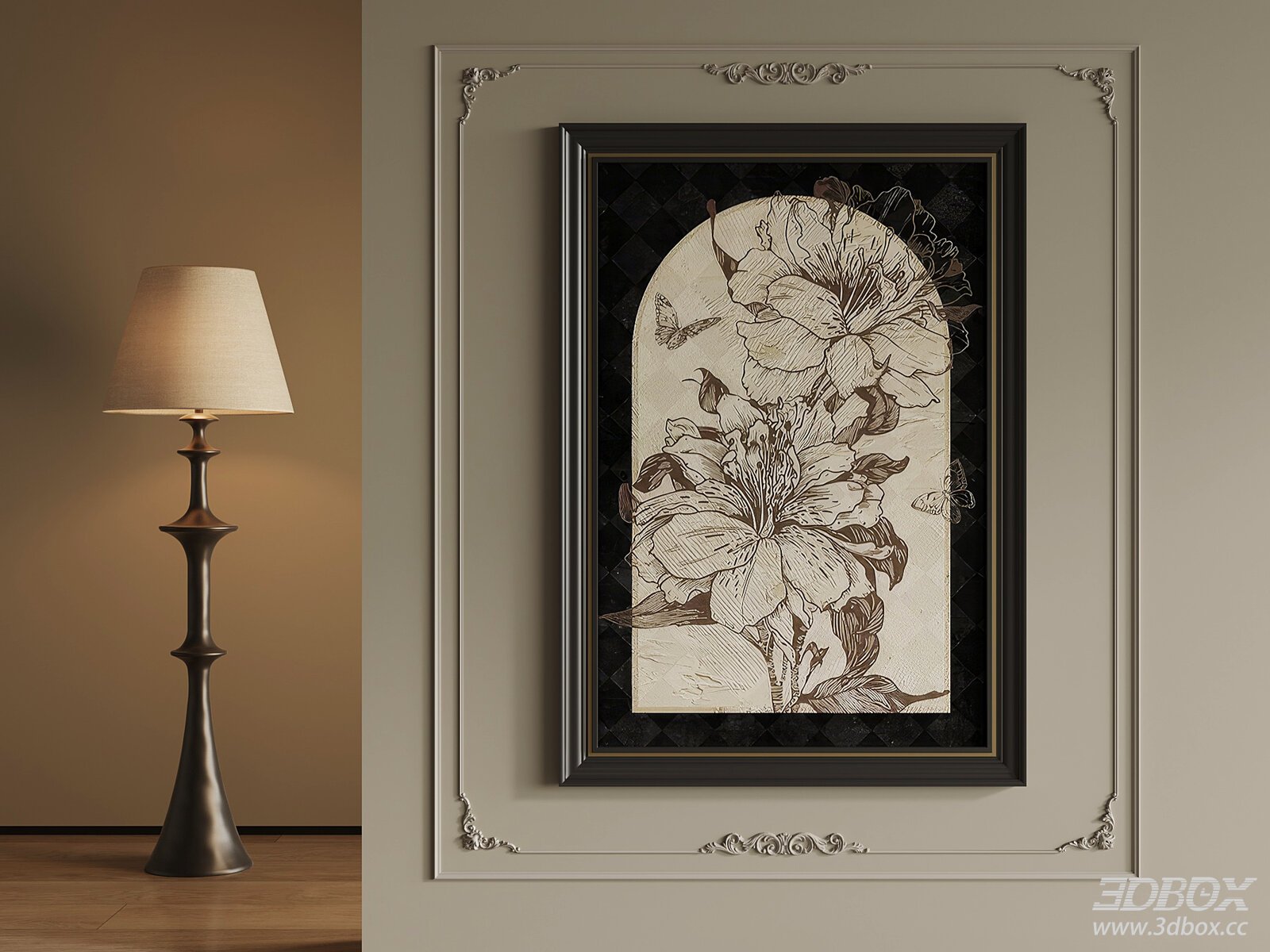 Vintage French Style Framed Art and Floor Lamp Set 3D model - front view