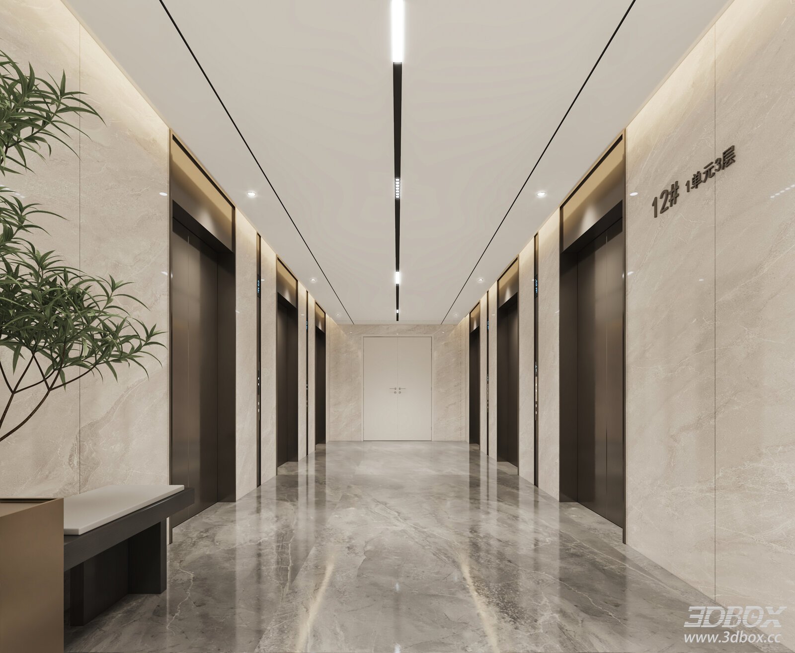 Modern Residential Elevator Lobby Hallway Scene 3D model - front view