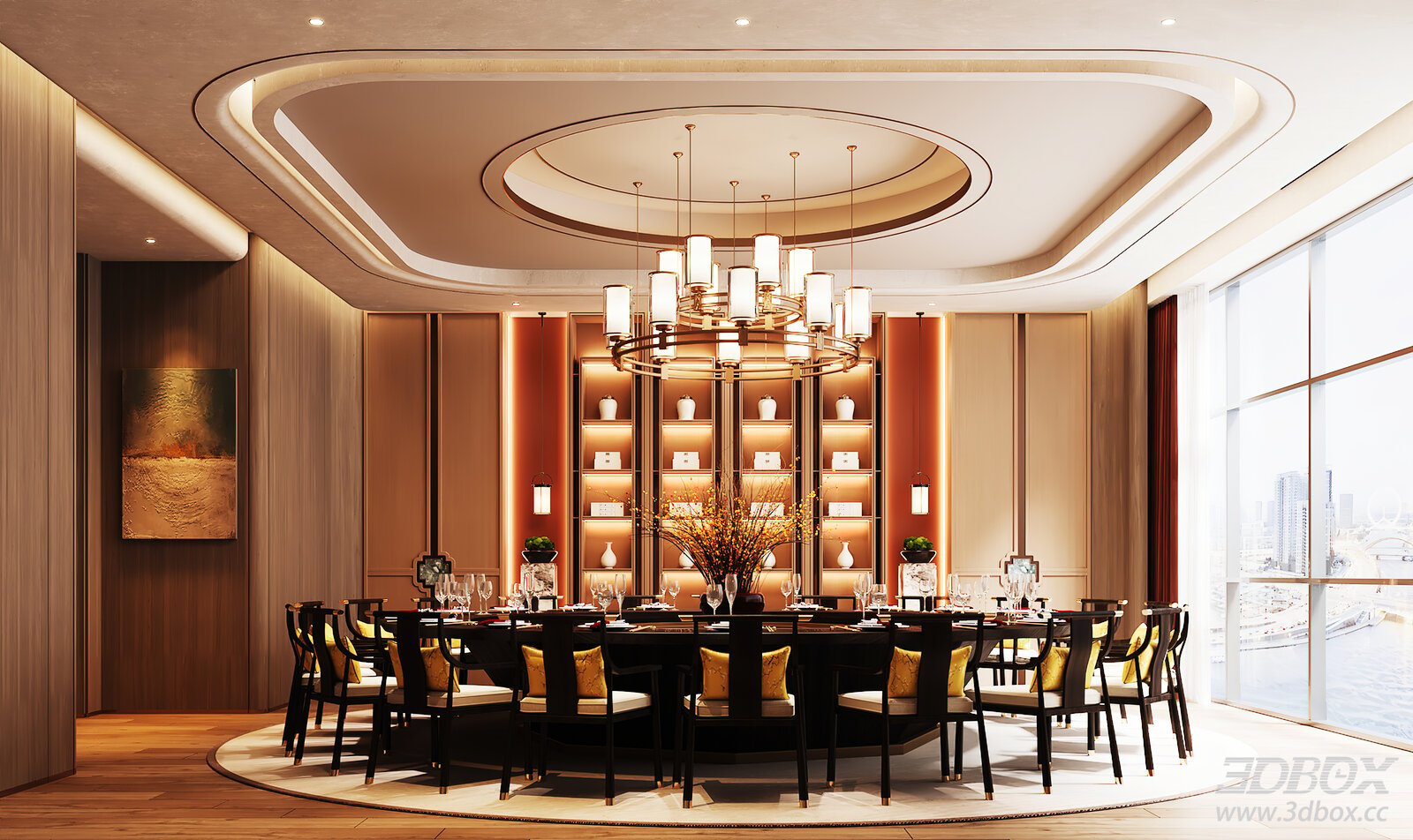 Luxury New Chinese Style Private Restaurant Dining Room 3D model - front view