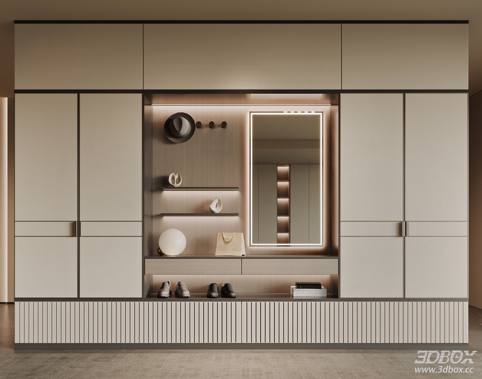 Modern Minimalist Hallway Shoe Cabinet with Mirror and LED Lighting 3D model - front view