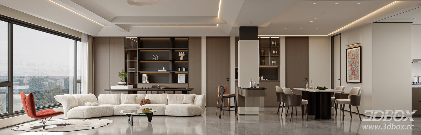 Modern Italian Minimalist Living and Dining Room Interior 3D model - front view