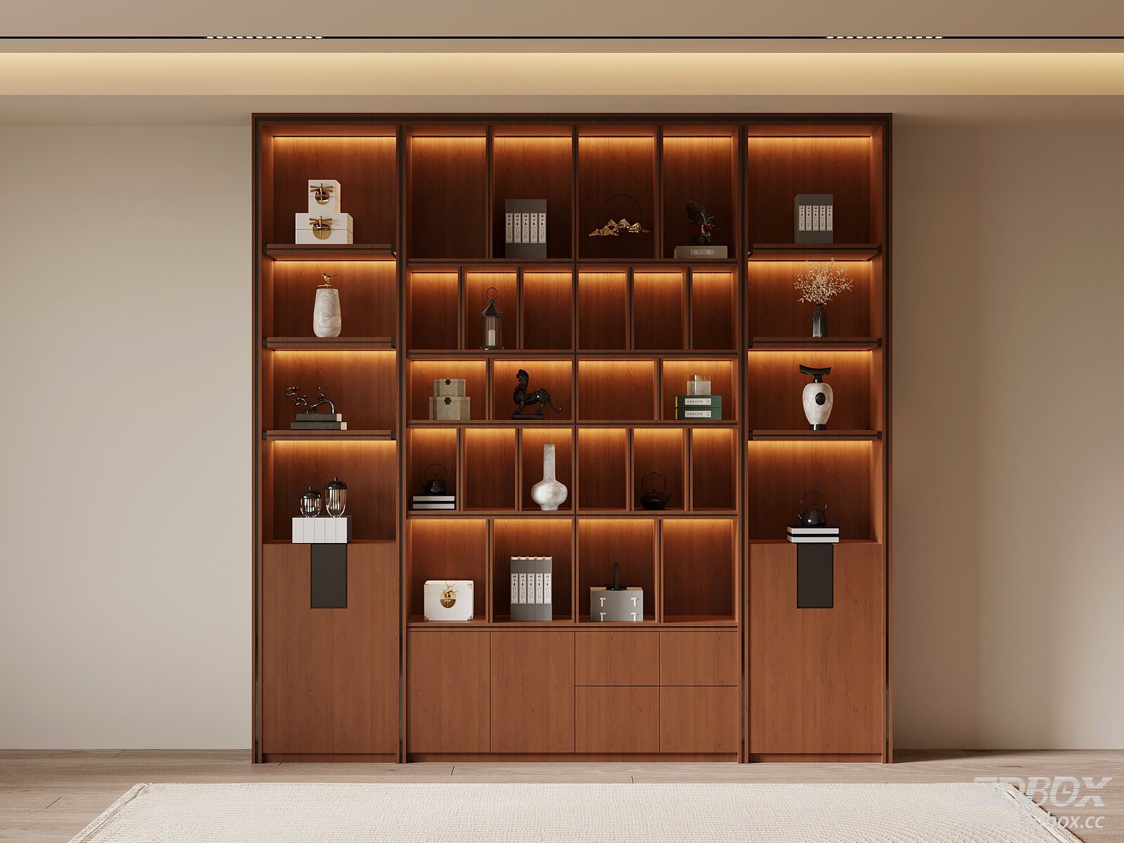 New Chinese Style Wooden Display Cabinet Bookshelf with Lighting 3D model - front view