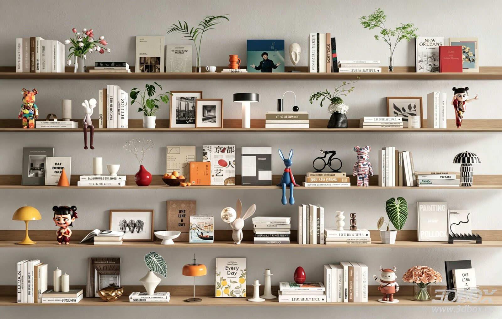 Modern Decorative Set with Books Vases Sculptures and Plants 3D model - front view