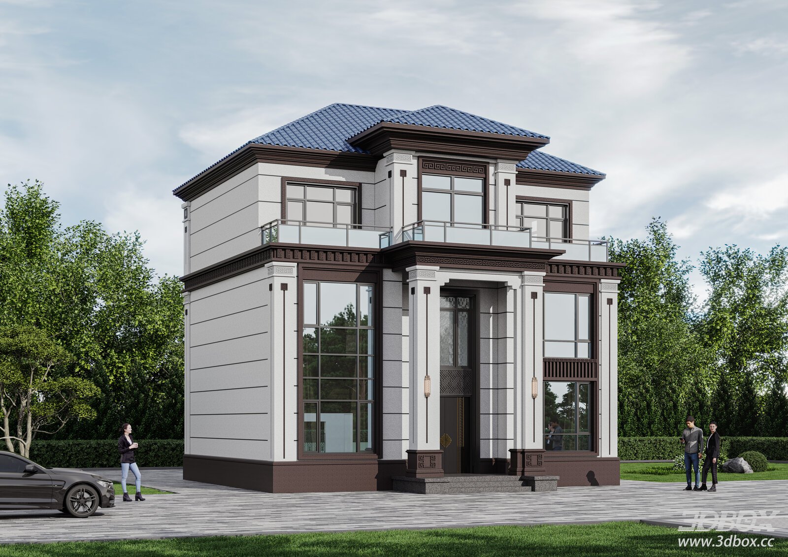 New Chinese Style Two-story Villa Exterior Building 3D model - front view