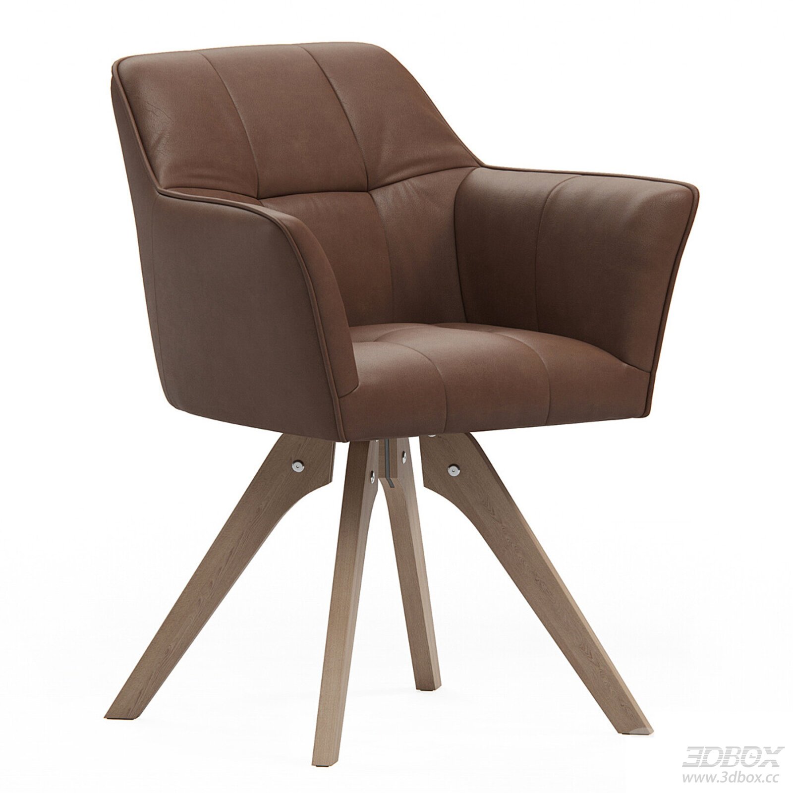 Modern Luxury Brown Leather Armchair with Wooden Base 3D model - front view
