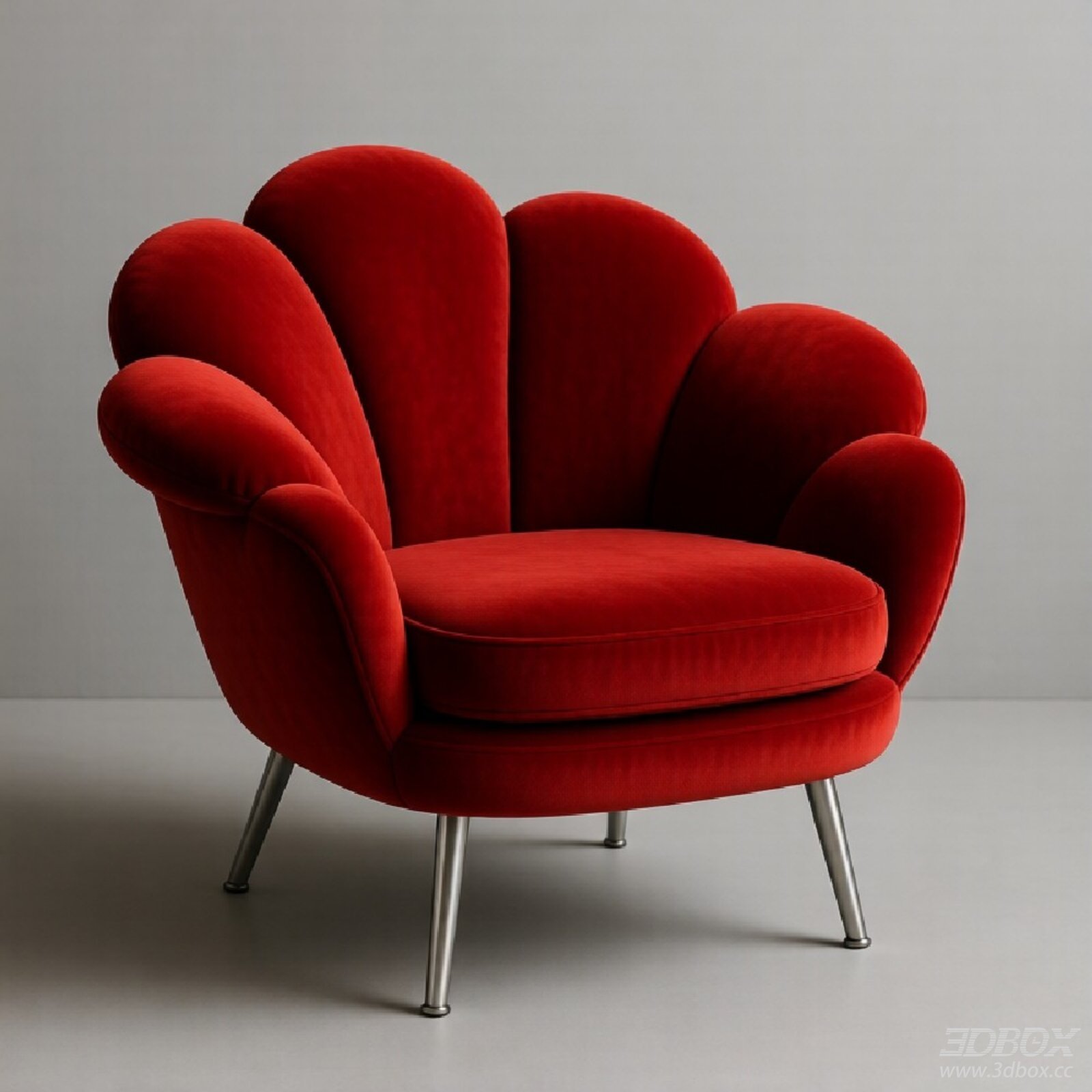 Red Velvet Modern Accent Armchair with Metal Legs 3D model - front view